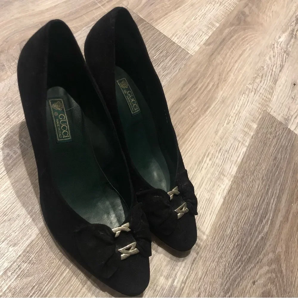 GUCCI Vintage Suede Heels Pump Black Size 37.5 / 7.5